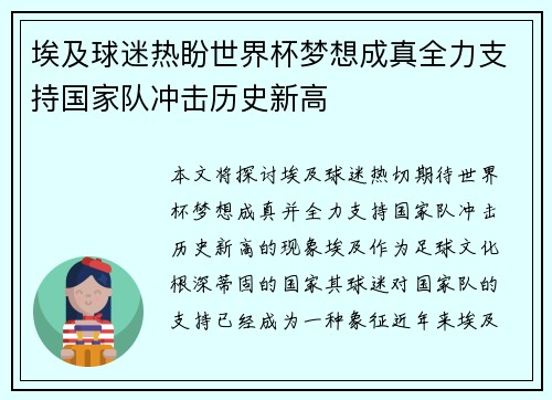 埃及球迷热盼世界杯梦想成真全力支持国家队冲击历史新高